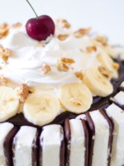 banana split cake with ice cream sandwiches and cherry on top