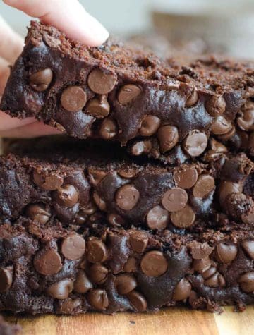 slices of chocolate banana bread with chocolate chips on top